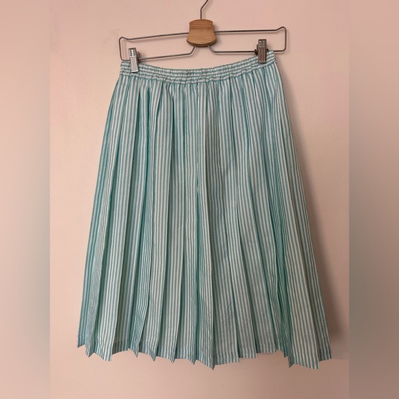 Vintage Teal White Stripe Skirt Elastic Waist Full Lined Midi Cottagecore - Picture 6 of 9